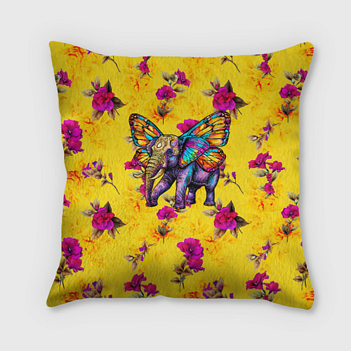 Подушка квадратная Слон с крыльями бабочки на цветочном фоне / 3D-принт – фото 1