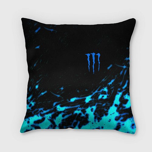 Подушка квадратная Monster energy голубые краски / 3D-принт – фото 1