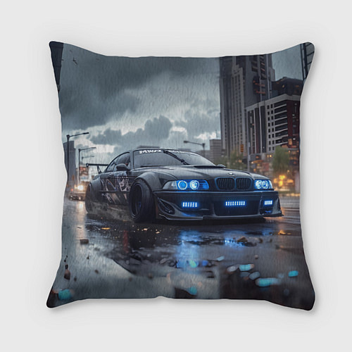 Подушка квадратная BMW синие фары дождливая погода / 3D-принт – фото 1