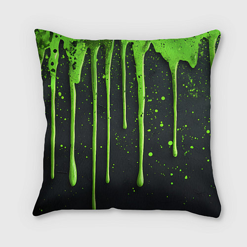 Подушка квадратная Зеленая краска стекающая на черном фоне / 3D-принт – фото 1