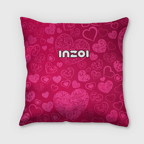 Подушка квадратная Inzoi лого на розовых сердечках / 3D-принт – фото 1