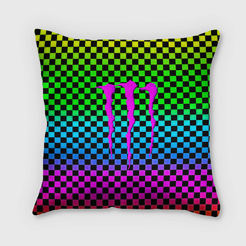 Подушка квадратная Monster energy неоновая клетка / 3D-принт – фото 1