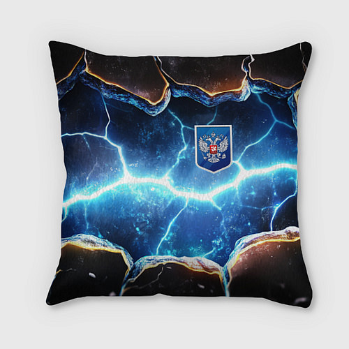 Подушка квадратная Синие неоновые плиты и герб РФ / 3D-принт – фото 1