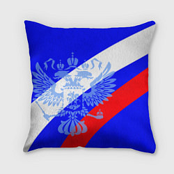 Подушка квадратная Герб России на фоне триколора синий, цвет: 3D-принт