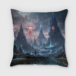 Подушка квадратная Фантастический мир с медузами и озеро у гор, цвет: 3D-принт
