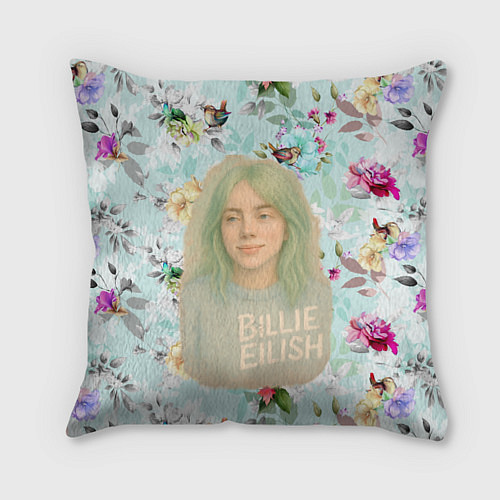 Подушка квадратная Билли Айлиш на фоне цветов / 3D-принт – фото 1