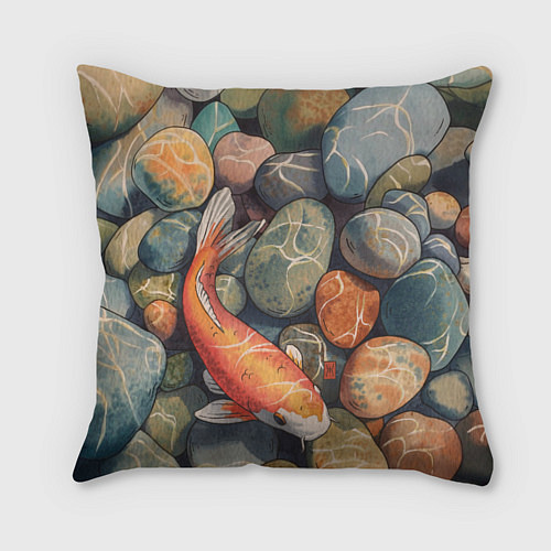 Подушка квадратная Акварельный Кои карп и камушки галька / 3D-принт – фото 1