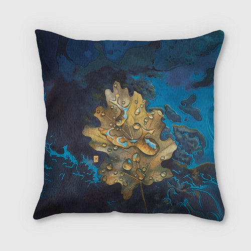 Подушка квадратная Осенний лист с каплями акварельный - крупный арт / 3D-принт – фото 1