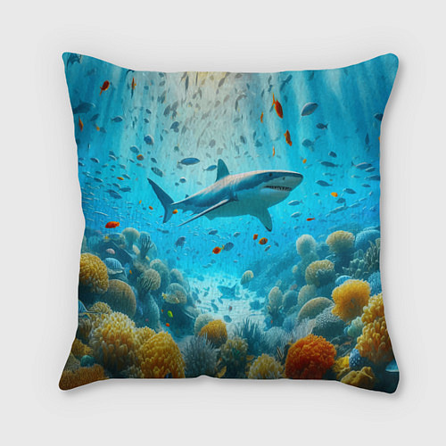Подушка квадратная Белая акула в коралловом рифе / 3D-принт – фото 1