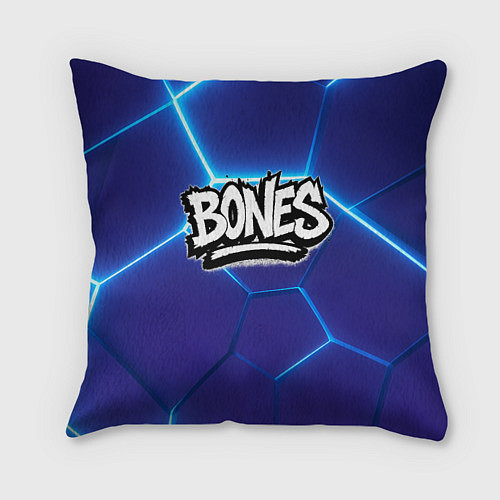 Подушка квадратная Bones белое лого на синих плитах / 3D-принт – фото 1