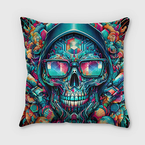 Подушка квадратная Кибер череп в балахоне и очках - нейроарт фантазия / 3D-принт – фото 1