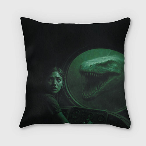 Подушка квадратная На батискаф с девушкой нападает Тилозавр ужасы / 3D-принт – фото 1