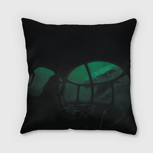 Подушка квадратная Нападение Тилозавра на девушку в батискафе ужасы / 3D-принт – фото 1