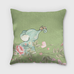 Подушка квадратная Слоненок с зайчиком в цветах на зеленом