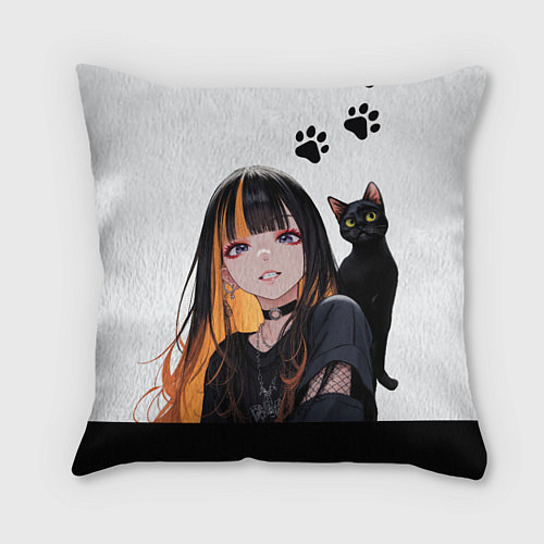 Подушка квадратная Девушка и кот / 3D-принт – фото 1