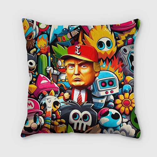 Подушка квадратная Дональд Трамп в компании мультяшных персонажей / 3D-принт – фото 1
