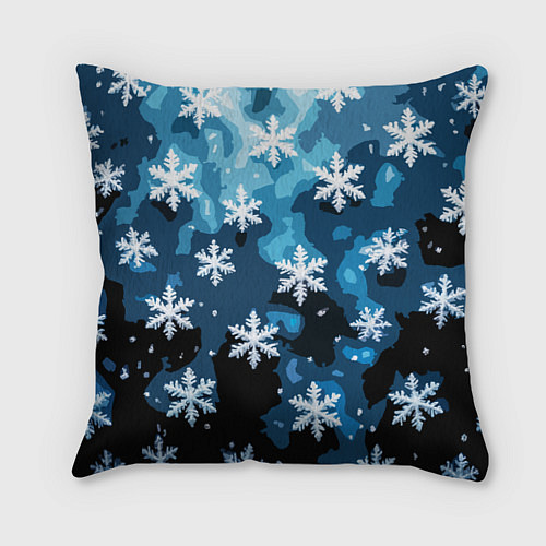 Подушка квадратная Стилизованный паттерн со снежинками тёмно-синий / 3D-принт – фото 1