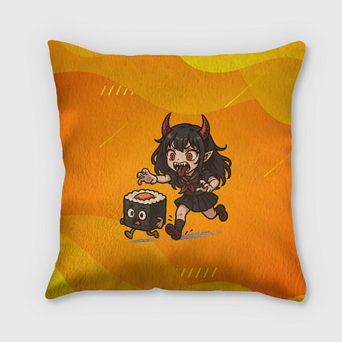 Подушка квадратная Девочка дьявол бежит за роллом / 3D-принт – фото 1