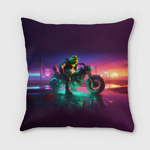 Подушка квадратная Шрек на мотоцикле на закате - нейроарт фантазия / 3D-принт – фото 1