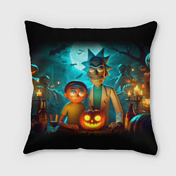 Подушка квадратная Morty and Rick with pumpkin - neon halloween