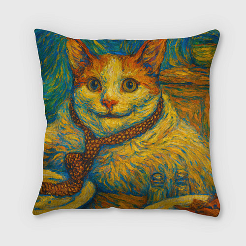 Подушка квадратная Кот-мем бу в стиле Ван Гога / 3D-принт – фото 1
