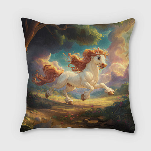 Подушка квадратная Белая мультяшная лошадка / 3D-принт – фото 1