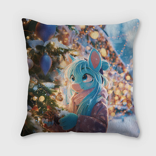 Подушка квадратная Синяя новогодняя лошадка / 3D-принт – фото 1