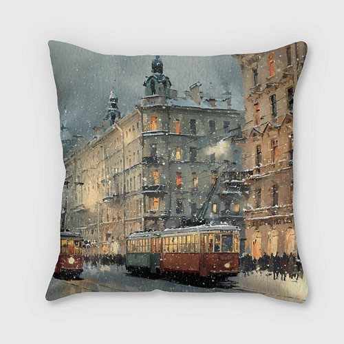 Подушка квадратная Трамваи в зимнем Санкт-Петербурге / 3D-принт – фото 1
