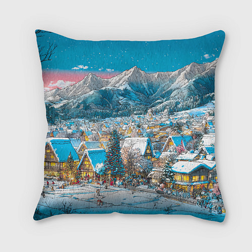 Подушка квадратная Новогодняя деревушка в горах / 3D-принт – фото 1