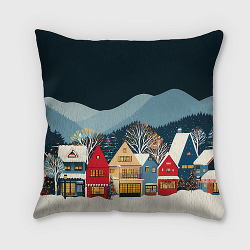 Подушка квадратная Новогодний городок в горах / 3D-принт – фото 1