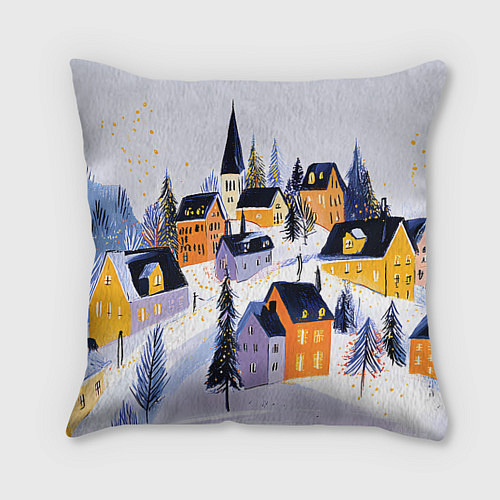 Подушка квадратная Новогодние домики на горе / 3D-принт – фото 1