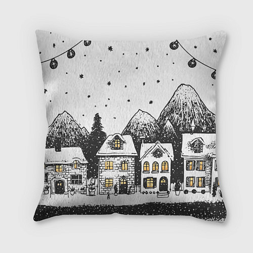 Подушка квадратная Черно-белый новогодний город / 3D-принт – фото 1