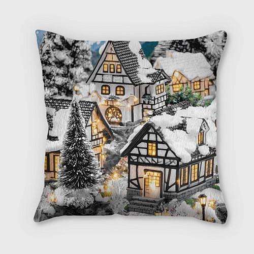 Подушка квадратная Объемные новогодние дома / 3D-принт – фото 1