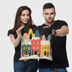 Подушка квадратная Разноцветные новогодние дома, цвет: 3D-принт — фото 2