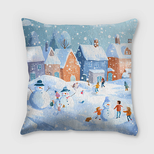 Подушка квадратная Предновогодний день во дворе / 3D-принт – фото 1