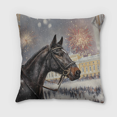 Подушка квадратная Конь на фоне салюта / 3D-принт – фото 1