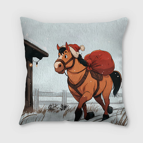 Подушка квадратная Лошадка везет новогодние подарки / 3D-принт – фото 1