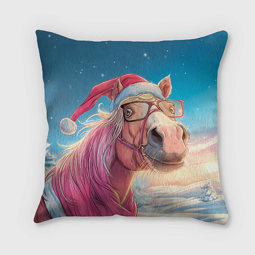 Подушка квадратная Новогодняя лошадь в очках / 3D-принт – фото 1