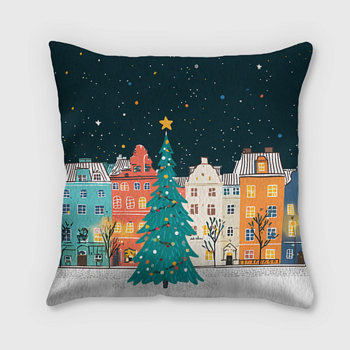 Подушка квадратная Новогодняя ночь в городе / 3D-принт – фото 1