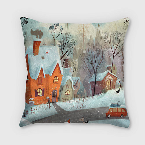 Подушка квадратная Милый новогодний дворик / 3D-принт – фото 1