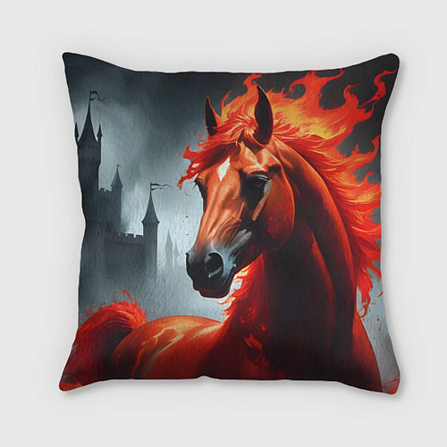 Подушка квадратная Огненная лошадь на сером / 3D-принт – фото 1