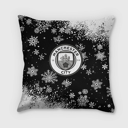 Подушка квадратная Манчестер сити снежинки новый год / 3D-принт – фото 1