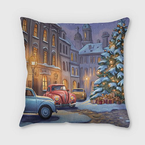 Подушка квадратная Новогодний снежный двор / 3D-принт – фото 1