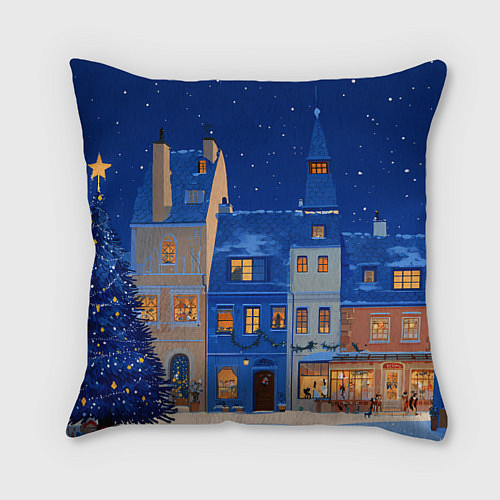 Подушка квадратная Синяя новогодняя елочка во дворе / 3D-принт – фото 1