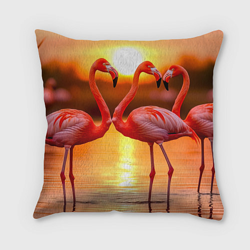 Подушка квадратная Розовый закат с фламинго / 3D-принт – фото 1