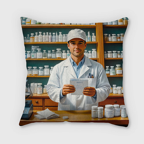 Подушка квадратная Фармацевт у аптечных полок / 3D-принт – фото 1