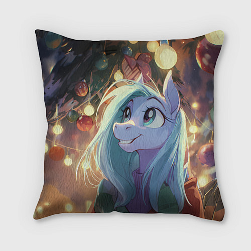 Подушка квадратная Лошадка любуется новогодними лампочками / 3D-принт – фото 1