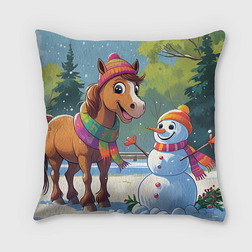 Подушка квадратная Лошадка и снеговик / 3D-принт – фото 1