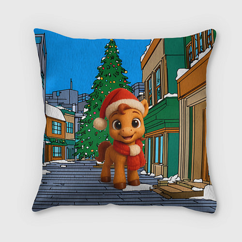 Подушка квадратная Новогодняя лошадка и елка / 3D-принт – фото 1