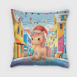 Подушка квадратная Лошадка с новогоднем венком, цвет: 3D-принт